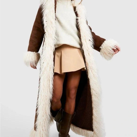 FAUX WHITE FUR TRIM BROWN SUEDETTE COAT - Picture 4 of 6